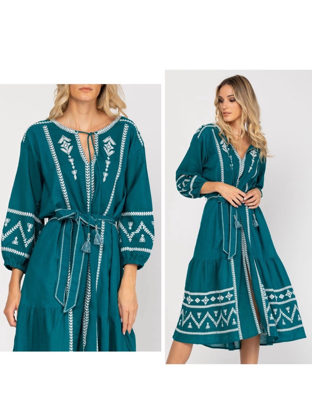 NWT ZARA Embroidered Boho Teal Midi Cottage Core Dress Bloggers Fav L